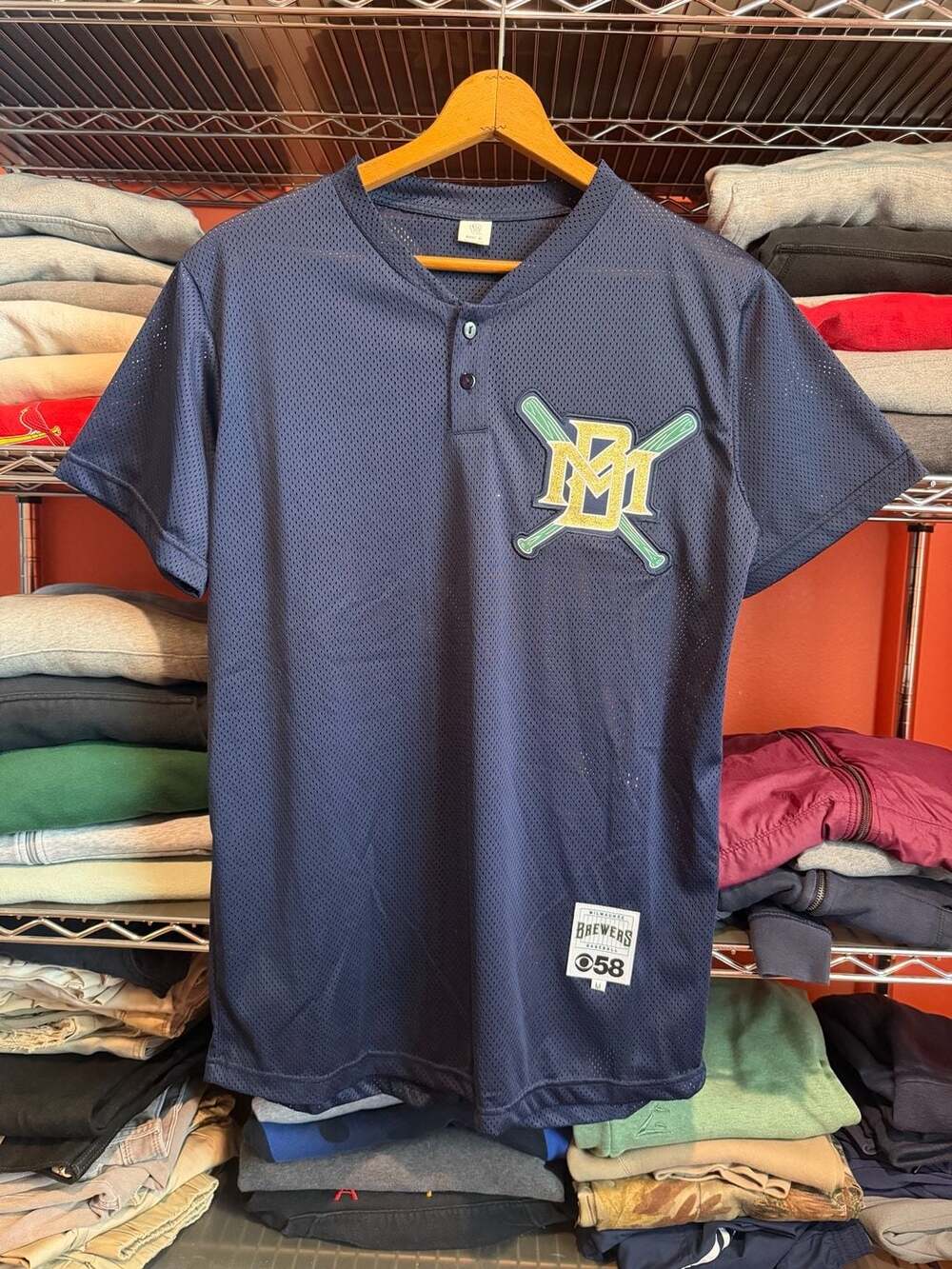 Milwaukee Brewers Jersey Size M CBS 58 Mesh Henley